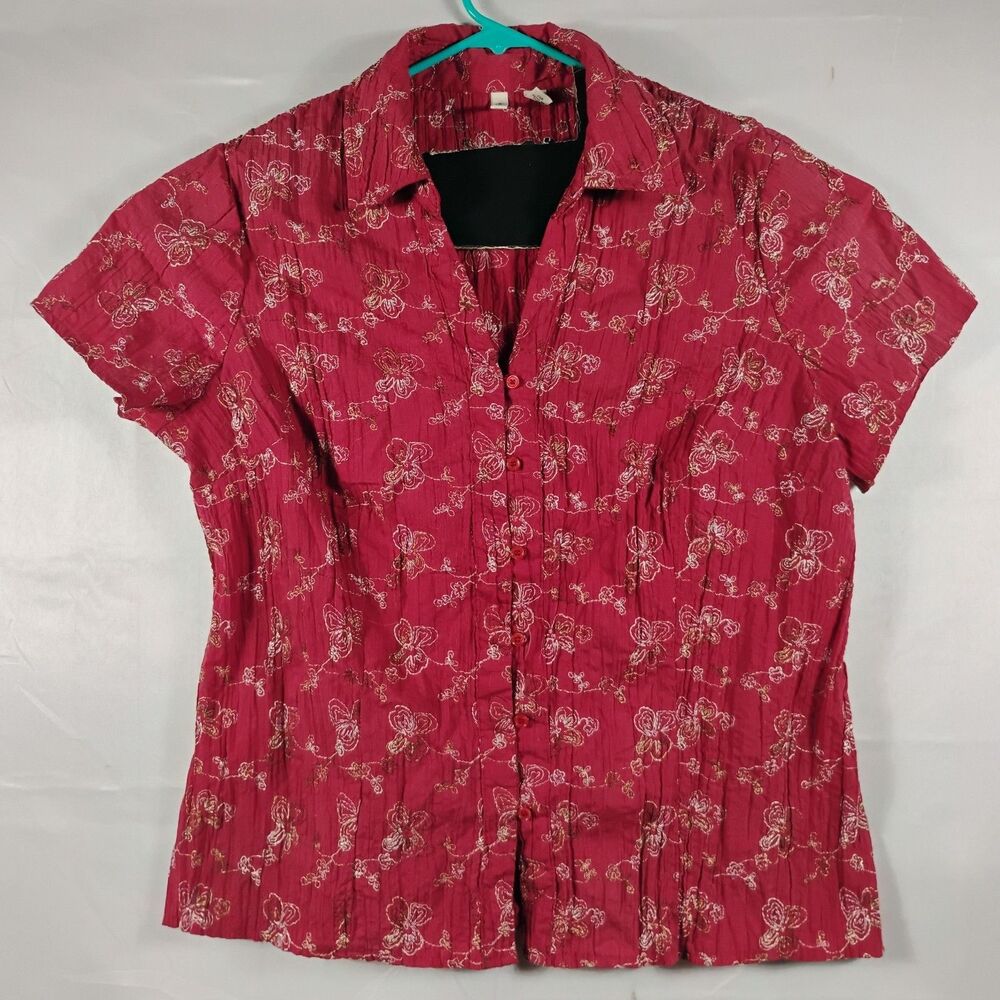 St Johns Bay Woman Red Floral Embroidery Ruffle Short Sleeve Button Up Shirt 1X